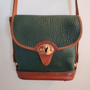 Vintage Dooney & Bourke Green & Tan All Weather Leather Saddlebag